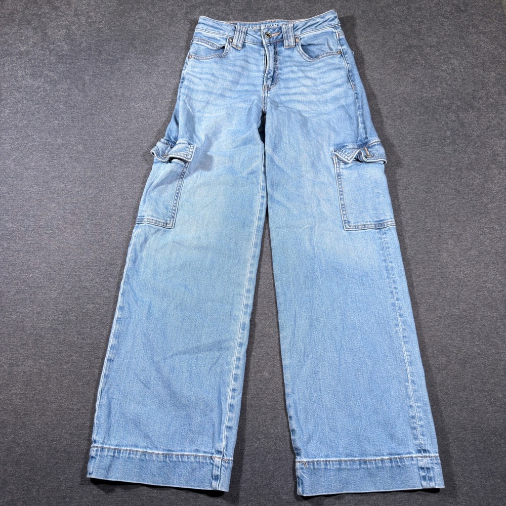 American Eagle Cargo Jeans Womens 00 Blue Super High Rise Baggy Wide Leg Stretch